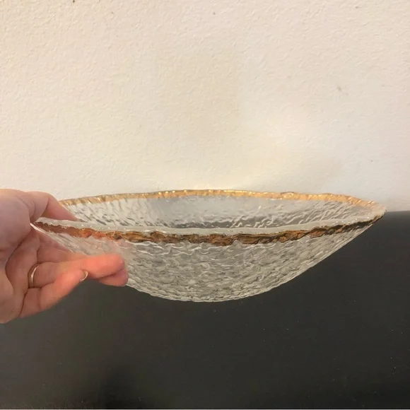 Mid Century Modern Large Glass Bowl with Gold Trim and Wavy Glass 1950s